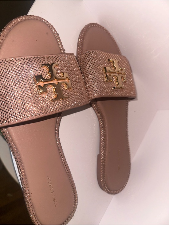Tory Burch Shoes - Tory Burch Blush Crystal-Studded Logo Slide Sandals